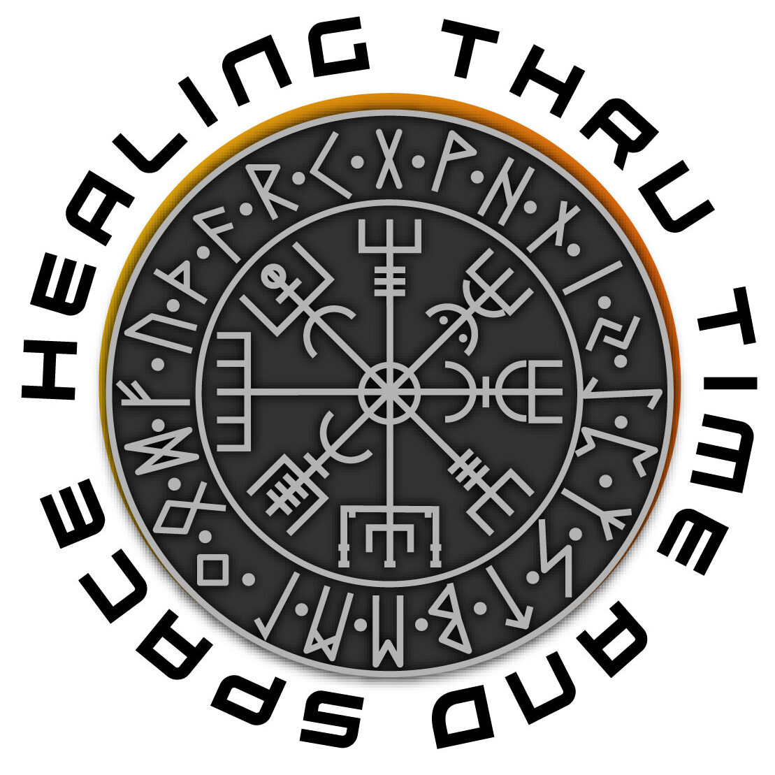 Vegvisir logo with business name, Healing Thru Time and Space around the 8-pointed star with runes.